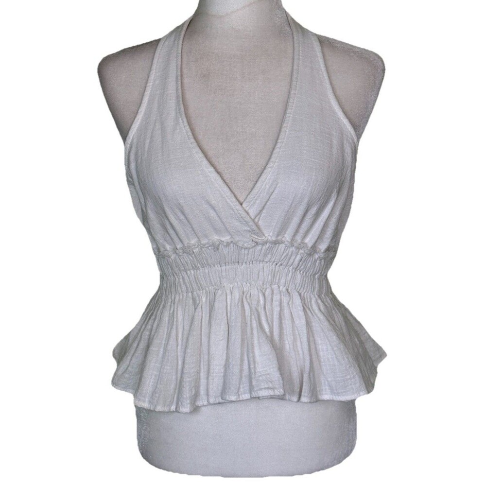 Ocean Drive Womens White Cotton Gauze Halter Peplum‎ Top Size Small